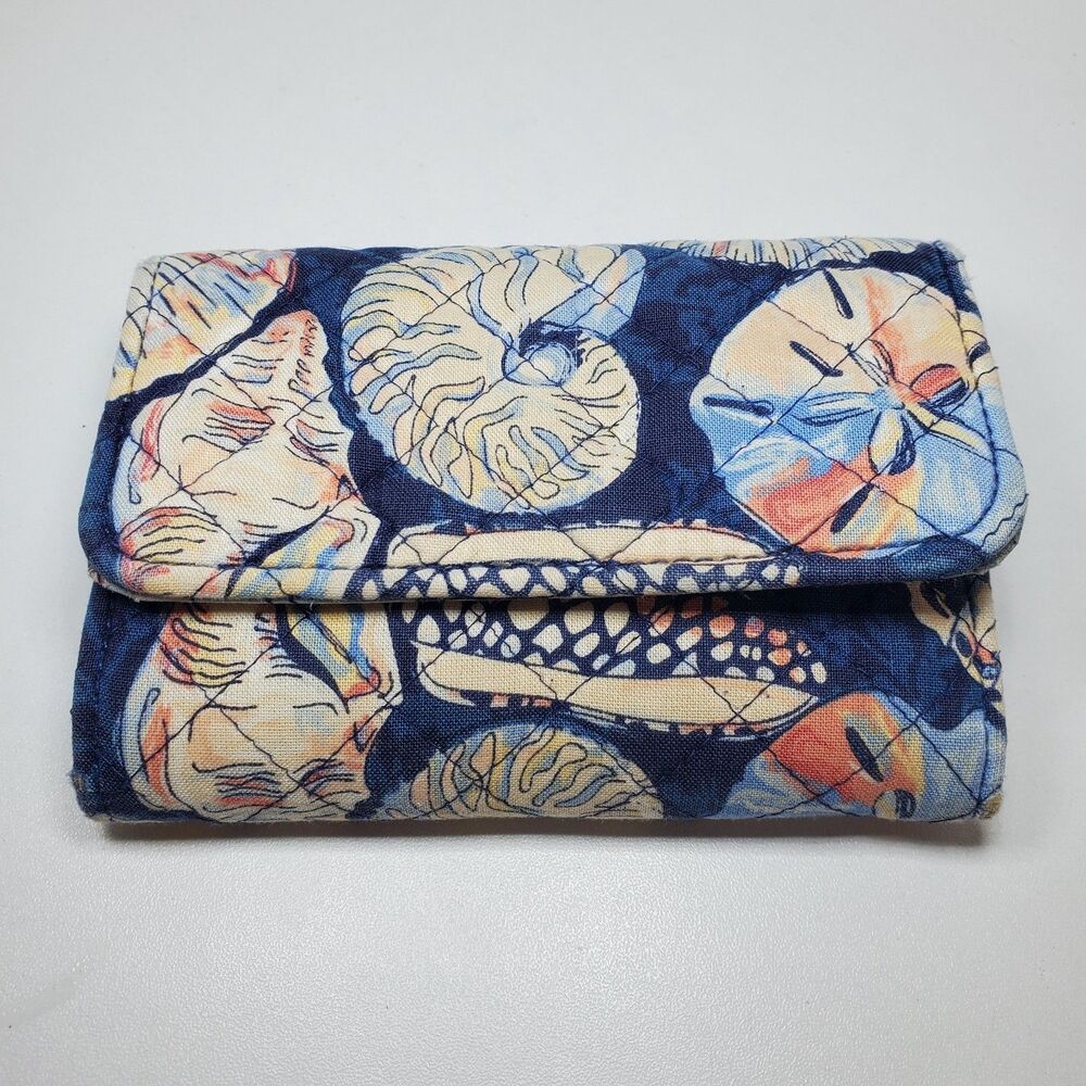 Vera Bradley Tri-fold Wallet Morning Shells Print Navy Blue Cottage Summer Beach